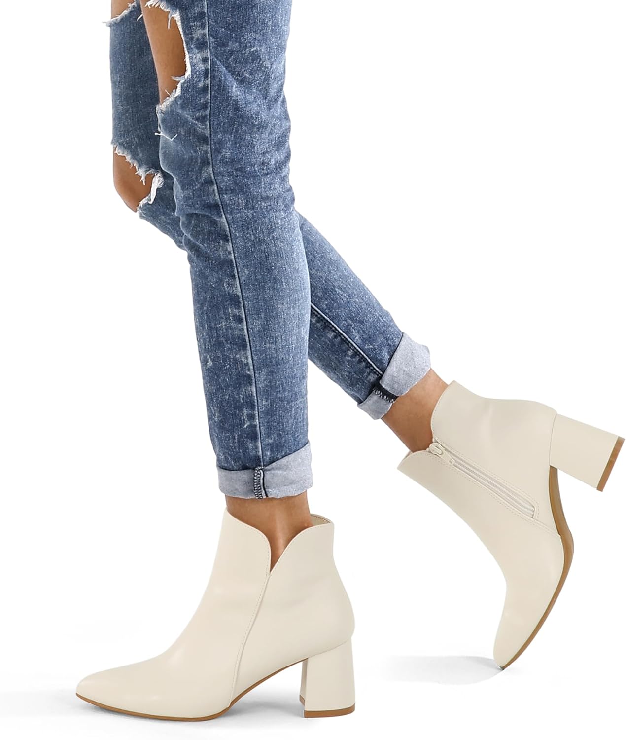 mysoft Women's Ankle Boots Chunky Block Low Heel Comfortable Pointed Toe Side V Cutout Dressy Office Booties with Zipper - Image 2