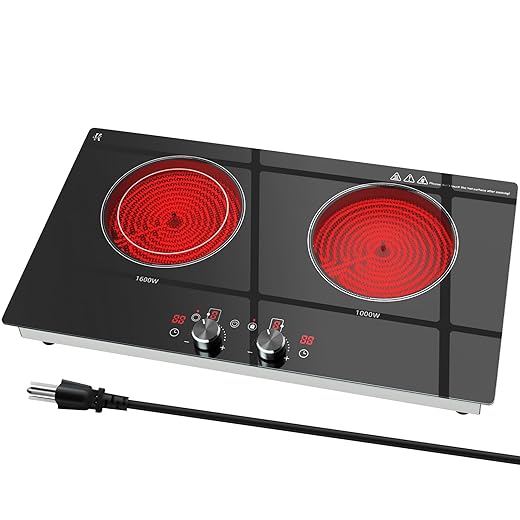 2 Burner Electric Cooktop 24 Inch, 120V Electric Stove Top with Countertop & Built-in Design, 1800W Knob Control Radiant Ceramic Cooktop with Safety Lock, 9 Level Power, 99 Min Timer - Plug in