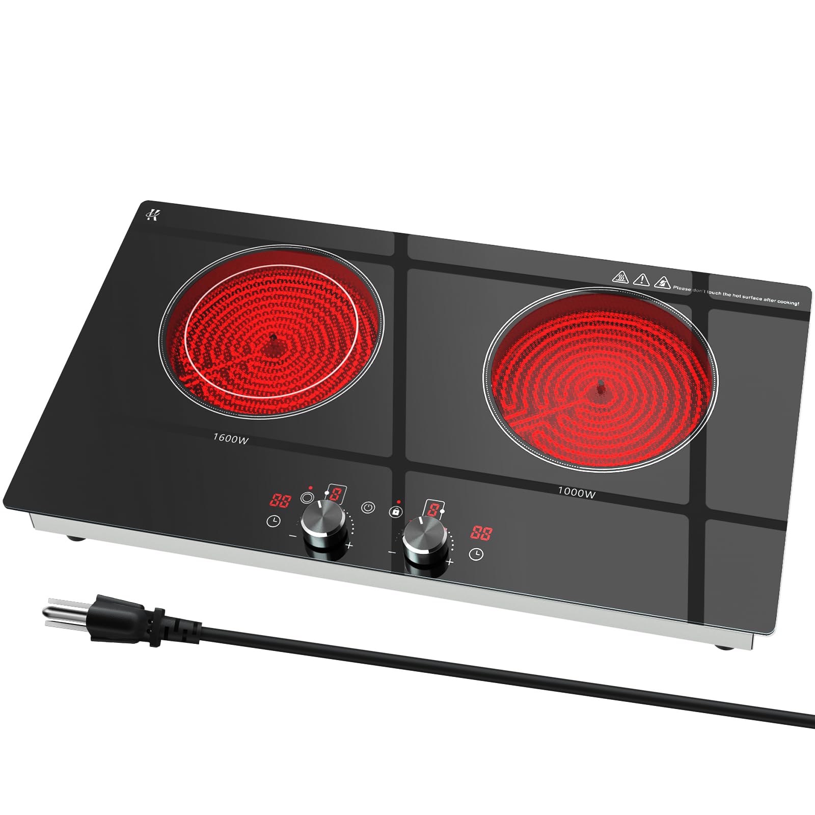 Zarbaco 2 Burner Electric Cooktop 24 Inch, 120V Electric Stove Top with Countertop & Built-in Design, 1800W Knob Control Radiant Ceramic Cooktop with Safety Lock, 9 Level Power, 99 Min Timer - Plug in