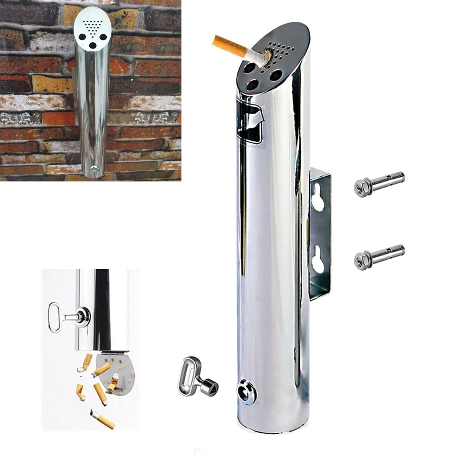 ashtray， Wall Mounted Ashtrays, Outdoor Large Capacity Public Cigarette Butt Receptacle for Outside Stainless Steel 304 Cylinder Ashtray Lockable