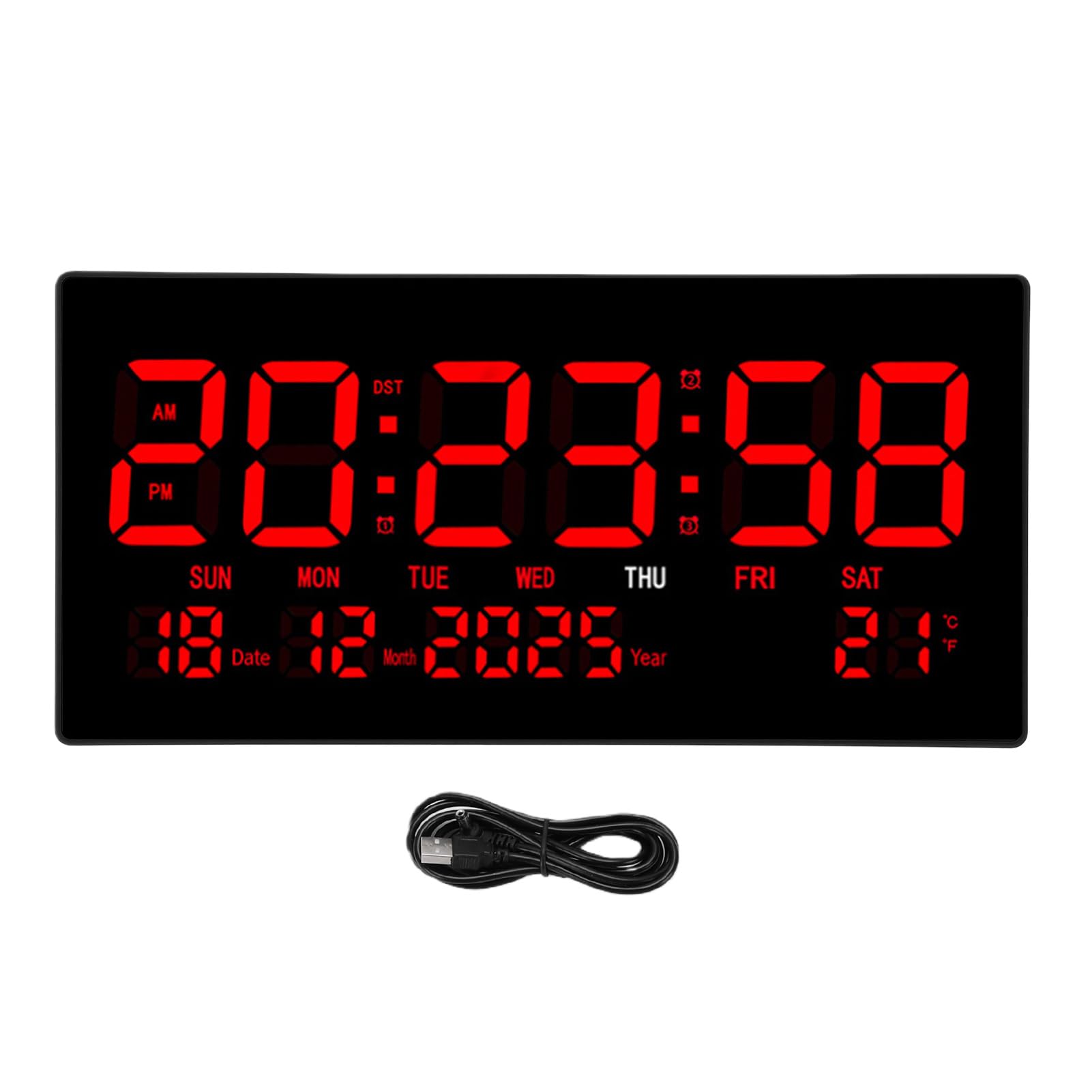 LICAEVEY LED-Digital-Wanduhr mit Kalender, Großes Display, Digitaluhr Zum Einstecken für Wohnzimmer, Klassenzimmer, Geräuschlose Wanduhr mit Temperatur, Einstellbare Helligkeit