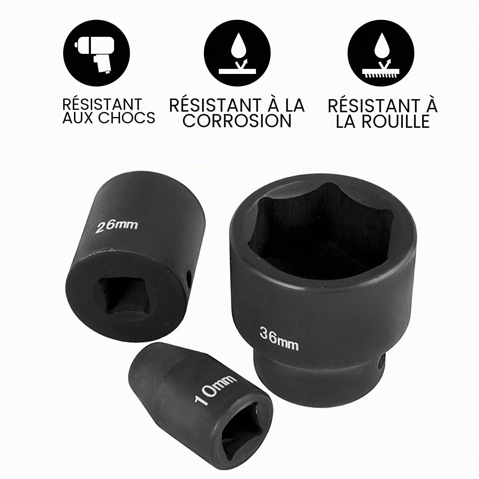VEVOR Jeu de Douilles à Choc 1/2" 26PCs, 6 Pans en Acier Allié CR-V, Douilles à Impact Peu Profondes 10-36 mm, avec Mallette de Transport, pour Réparation Auto