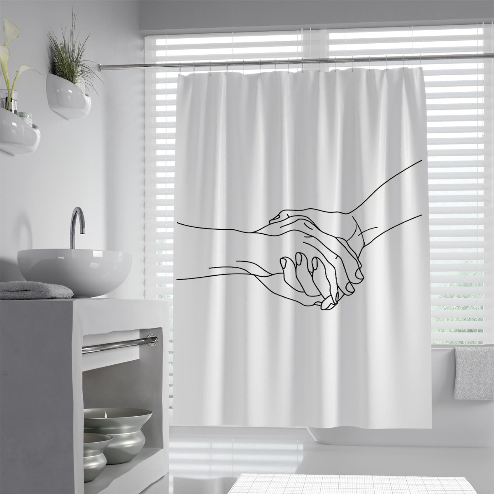 Moderner schwarz-weißer Duschvorhang aus Polyester maschinenwaschbar Enthält Haken Hand-in-Hand-Druck Dusch-Sichtschutzvorhang für die Flitterwochen 180x200