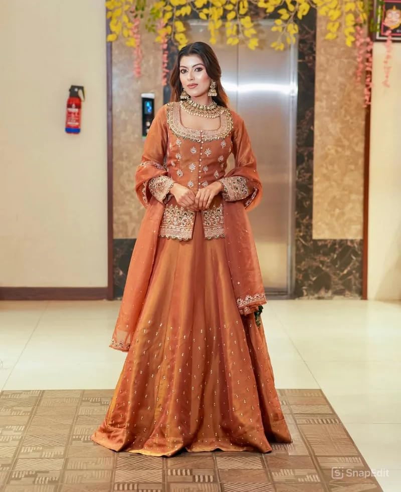 Image of Suppar Sleave Women's Chanderi Silk Embroidered Kurta Set with Lehenga Style Bottom & Dupatta | Bollywood Style Embroidery lehenga Choli Set For Woman