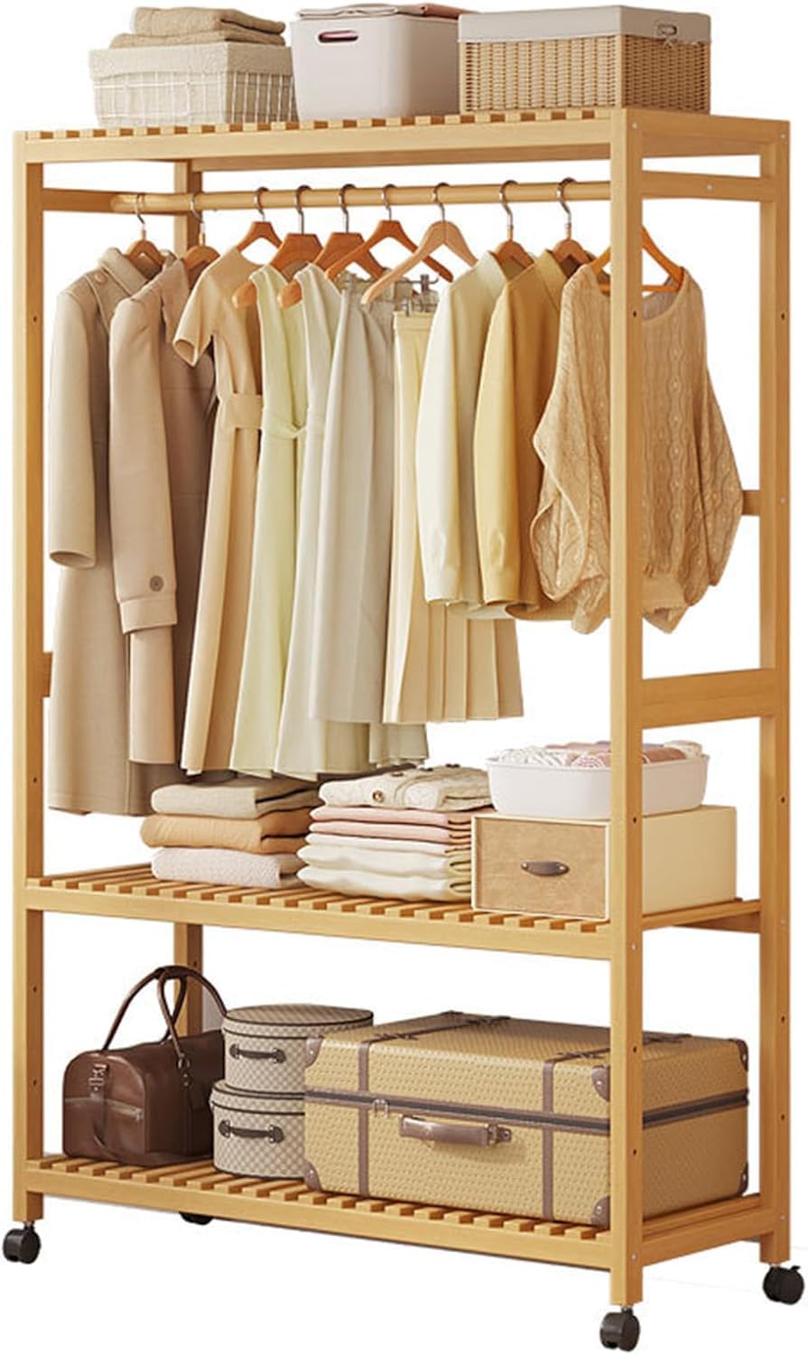 FGXHHS Freestanding Clothes Rack with Castors, Bamboo Garment Rack, Open Wardrobe Shelving, Portable Coat Hanger