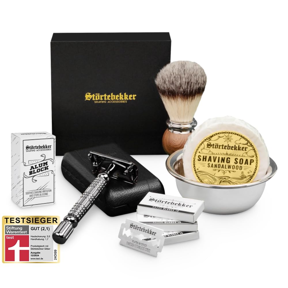 Störtebekker® Premium Rasierhobel Set für Herren im handgefertigten Lederetui - Rasierset mit Rasierpinsel, Rasierschale Edelstahl, Rasierseife, Alaunstein und Rasierklingen - Bartpflege Set Männer