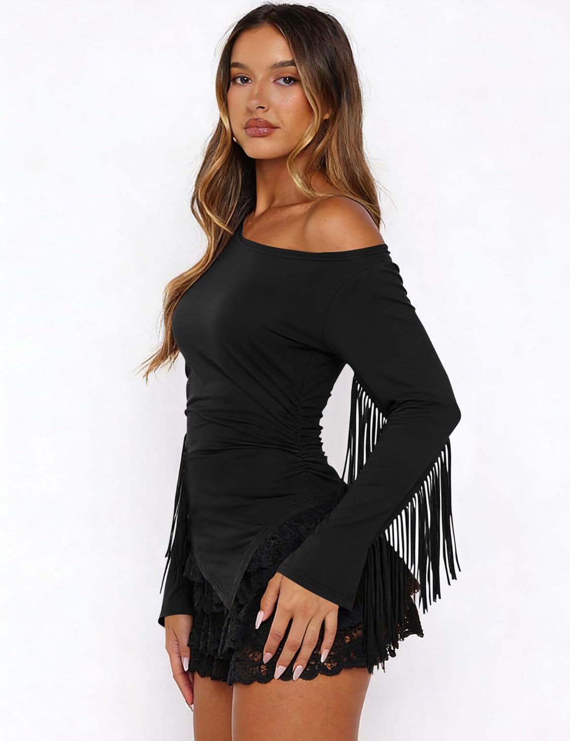 Fringe Western Tops for Women Country Concert Outfits Long Sleeve Cowgirl Shirt One Shoulder Tassels Asymmetrical Top - Image 4