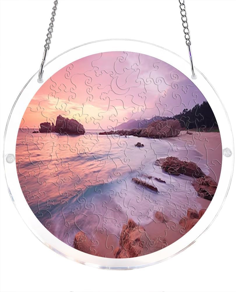 Sunset Beach Landscape Acrylic Jigsaw Puzzles Suncatcher, 7.4 Inch Window Hanging Suncatcher Acrylic Puzzle, DIY Home Decor Art Gift