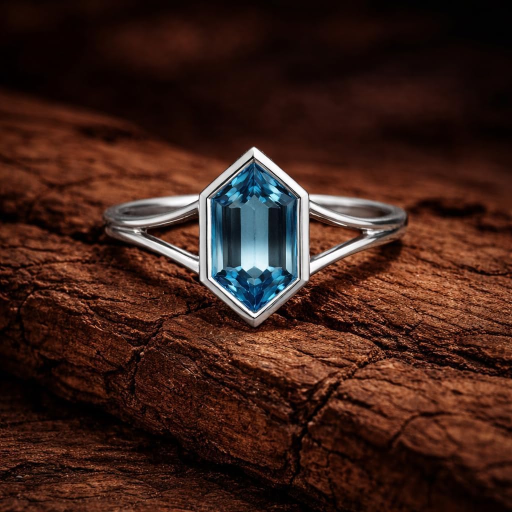 Hexagon Cut Blue Topaz Ring for Women | Minimalist Bezel Set Solitaire | Handmade Sterling Silver Promise & Engagement Ring