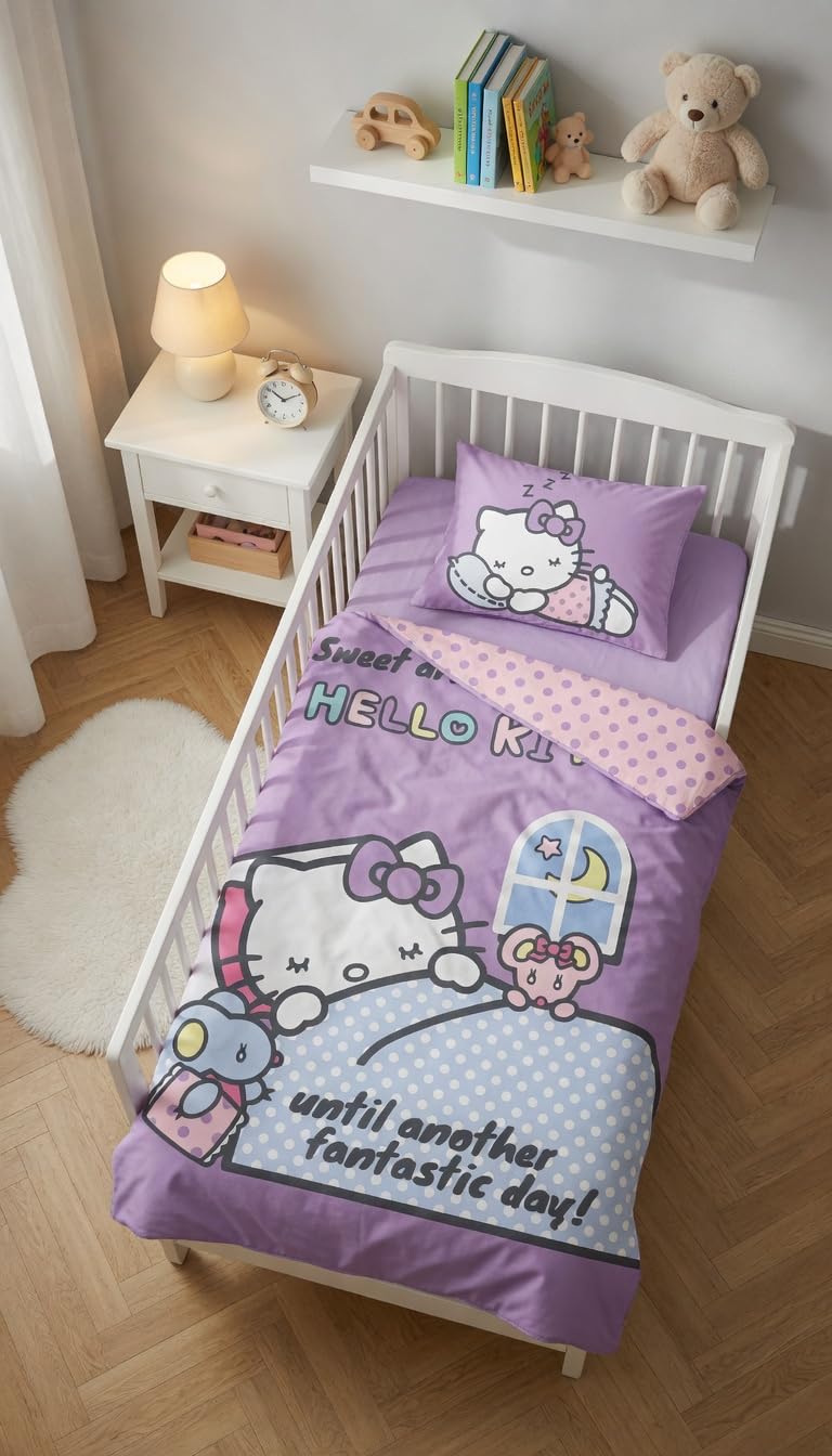 Hello Kitty Copripiumino Neonato 100x135 + Federa 40x60 Cotone Viola Rosa | Lettino reversibile | Cotone naturale morbido traspirante Oeko-Tex | Sanrio | Bambine 0-3 anni | Lettino sbarre | Idea regalo