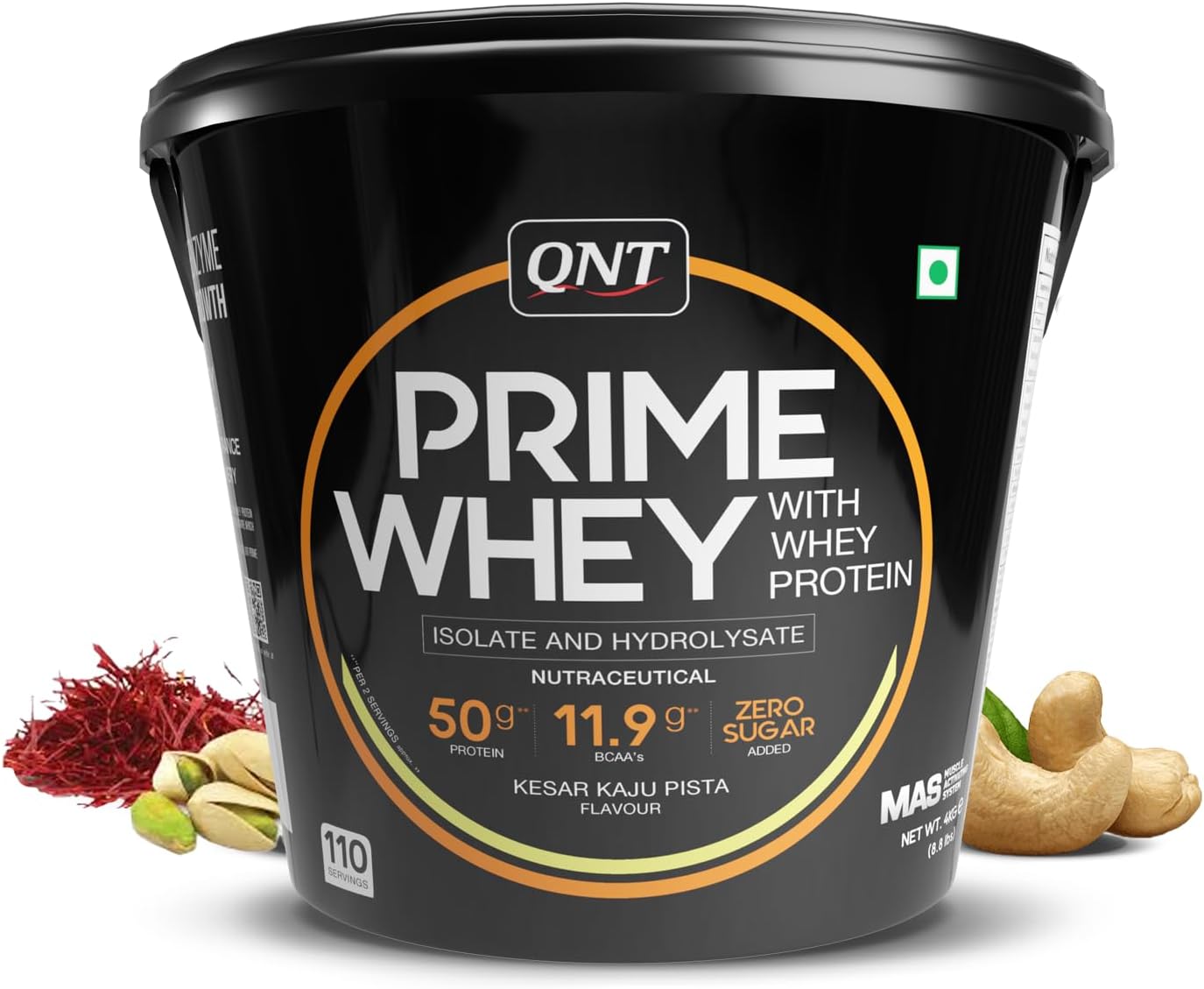 QNT Prime Whey Protein Powder – Kesar Kaju Pista | 25g Protein Per Scoop | Whey Isolate, Concentrate & Hydrolysate Blend | 110 Servings | Muscle Growth, Recovery & Strength | 4kg