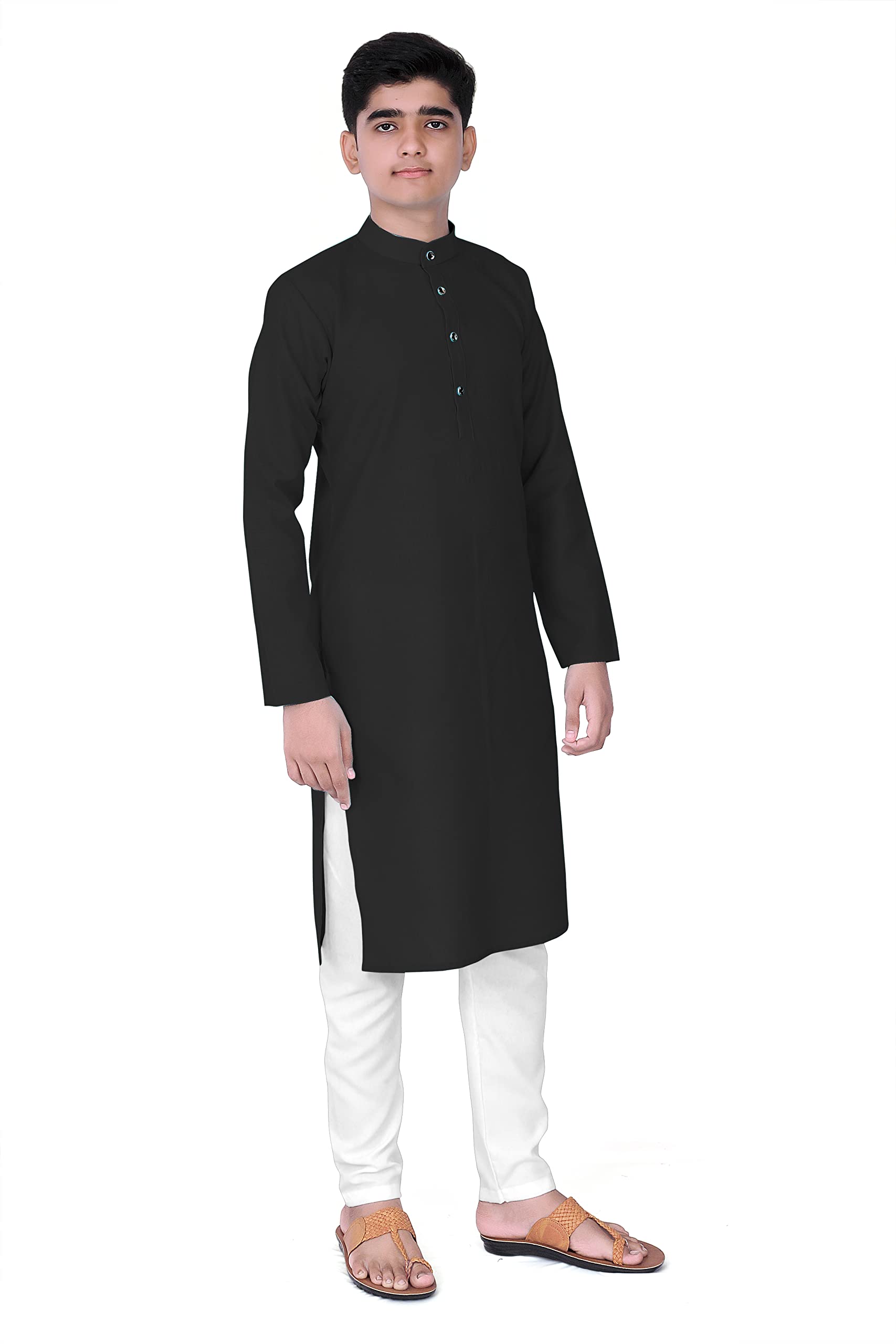 Varani Boys Traditional Ethnic Wear Cotton Kurta Pyjama Set, Solid Pattern Kurta with White Pajama Set for Boys and Kids