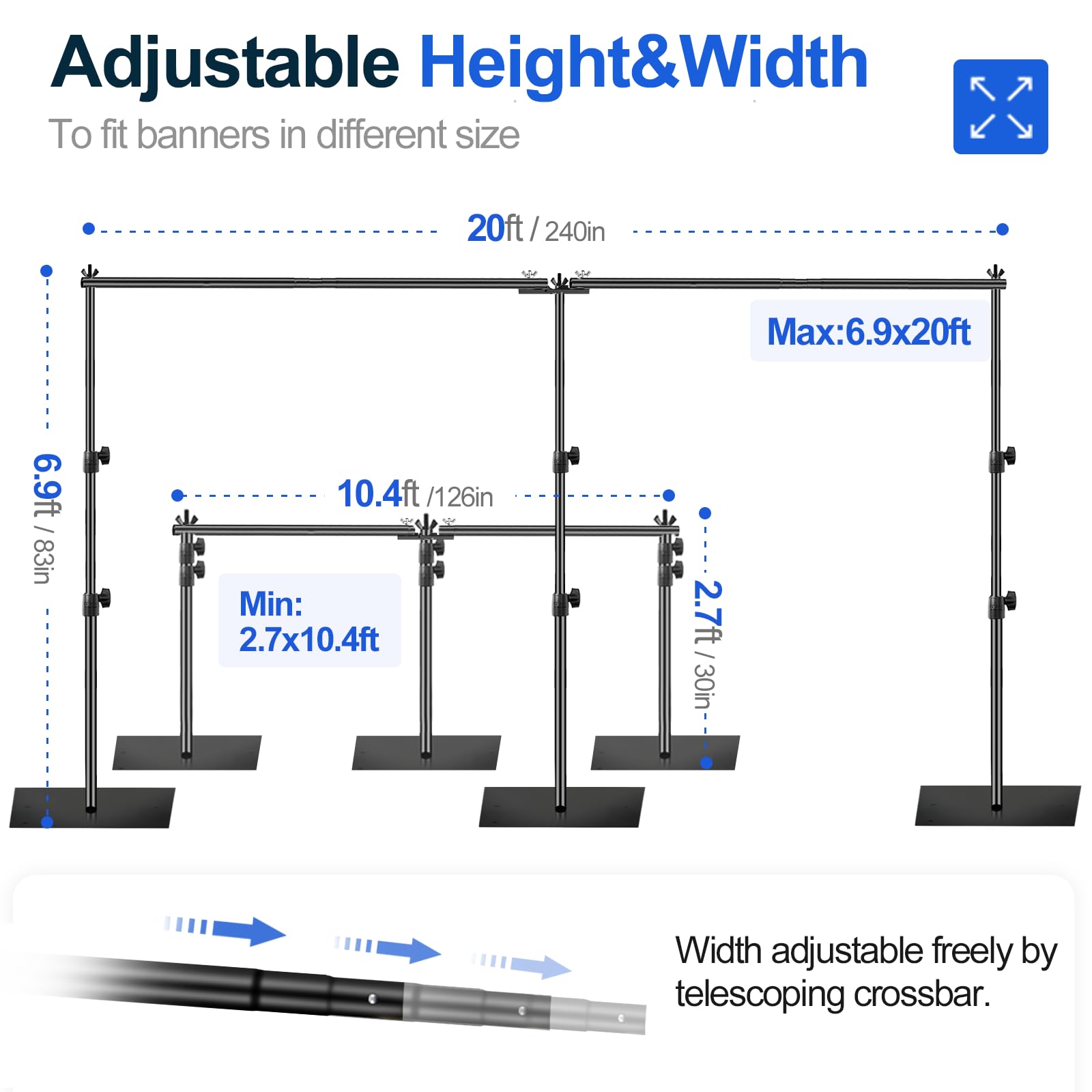 EMART 7x20ft(HxW) Backdrop Stand Pipe and Drape Heavy Duty Adjustable Background Support System Kit with Steel Base for Photography, Photo Backdrop Stand for Parties Birthday Video Studio - Black