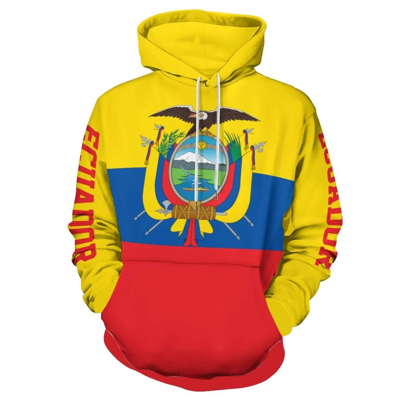 Felpa con Cappuccio da Uomo con Stampa Bandiera Ecuador, Stile Hip Hop Streetwear, Manica Lunga, Casual, Girocollo, Unisex, Stemma, con Cappuccio, Abbigliamento Sportivo, per L'Allenamento