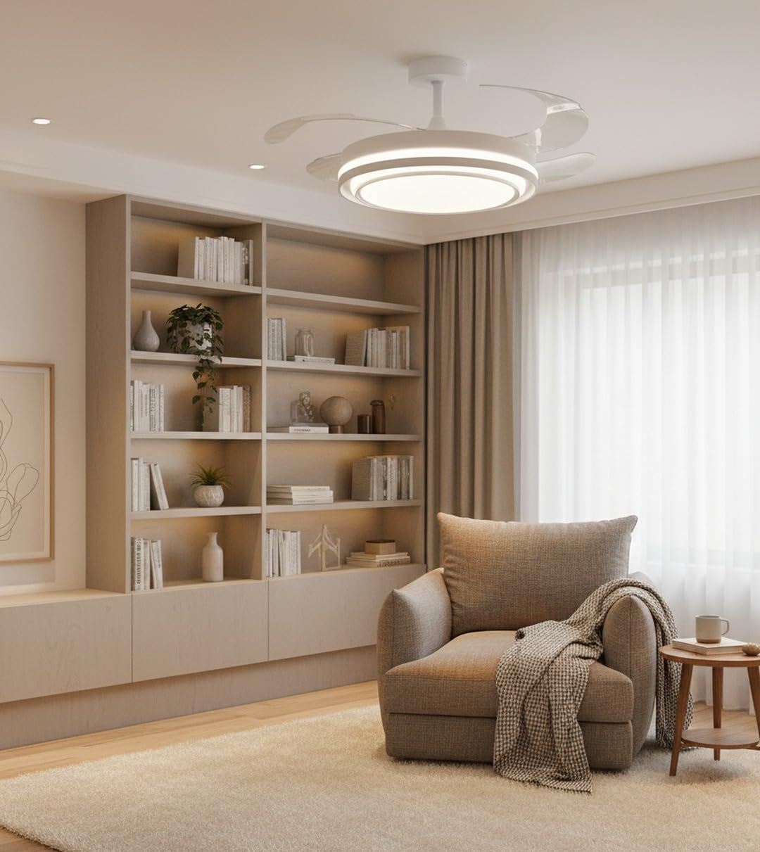 BEL AIR HOME - Ventilador de Techo NIKOS Motor DC Aspas Desplegables Retráctiles Luz LED 36W 3000K/4000K/6500K Mando a Distancia Eficiencia Energética Diseño Moderno Blanco 50x50x35 cm