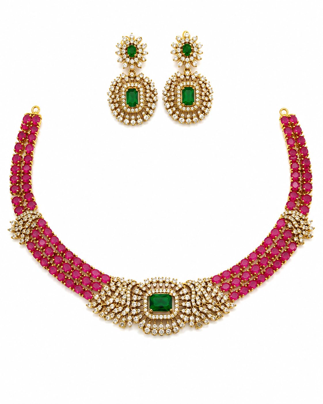 Premium Gold Plated American Diamond Choker Necklace Set for Women | Ruby Pink & Emerald Green Stone Bridal Jewellery Set with Earrings | Traditional Wedding Reception Jewellery-image-20
