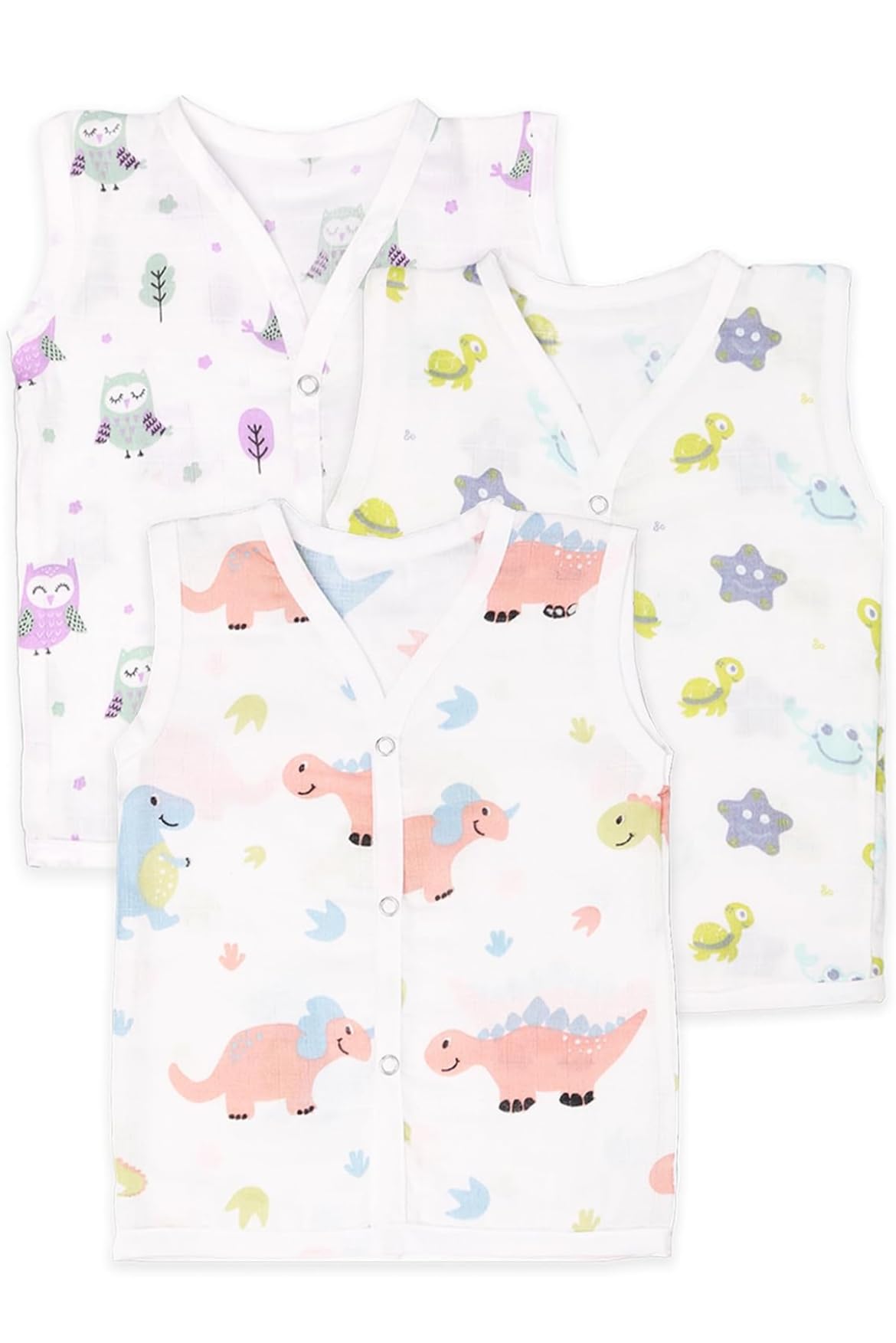 Pure NEST Organic Cotton Muslin Jabla, Sleeveless Baby Vest with Printed Designs, Pack of 3 Multicolour