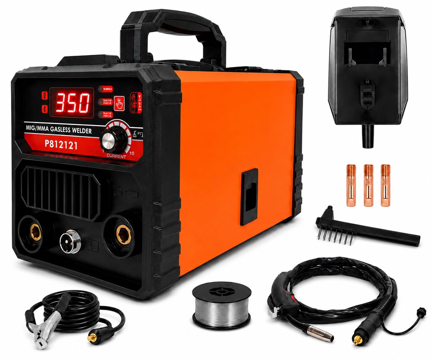 GrecoShop Saldatrice Inverter IGBT 350A MIG No Gas + MMA, Portatile Professionale con Torcia, Maschera e Filo Animato, per Fabbro Officina e Fai da Te, Saldatrice a Filo Continuo ad Alte Prestazioni