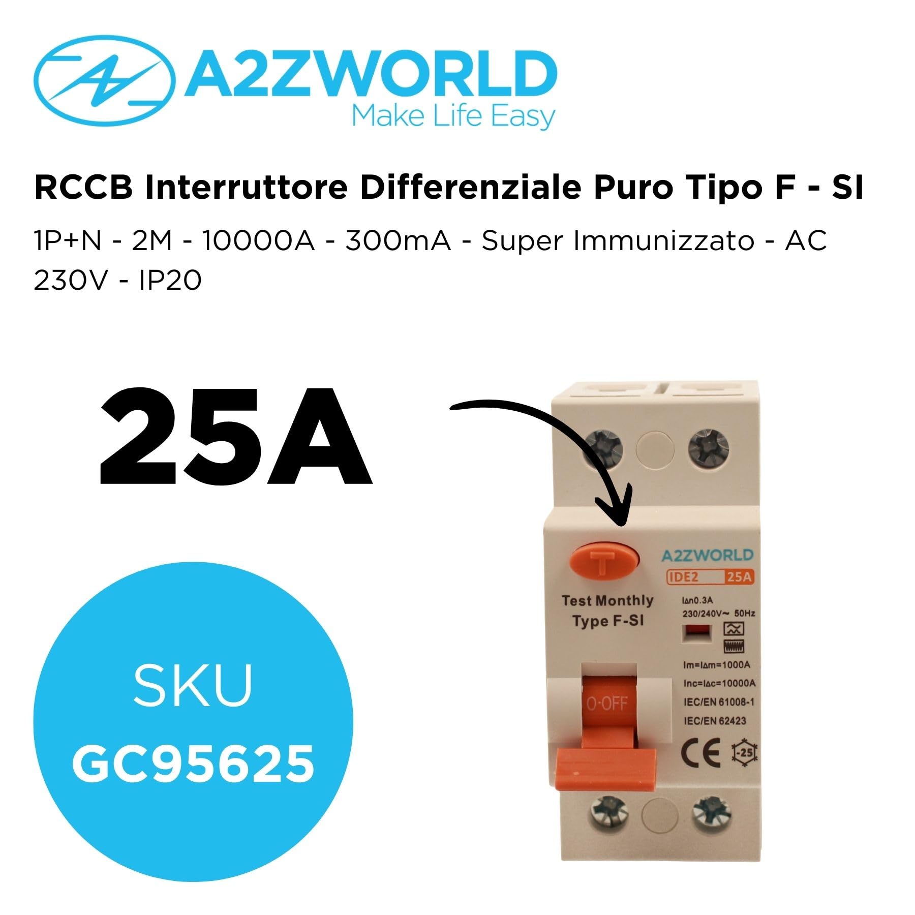 Differentialschalter Typ F-SI, super immunisiert, lebensrettend 25 A, RCCB 0,3 A 1P+N 10 kA 300 mA, 2 Module, löst unerwünschte Aufnahmen von Mundharmoniken und impulsiven Überspannungen