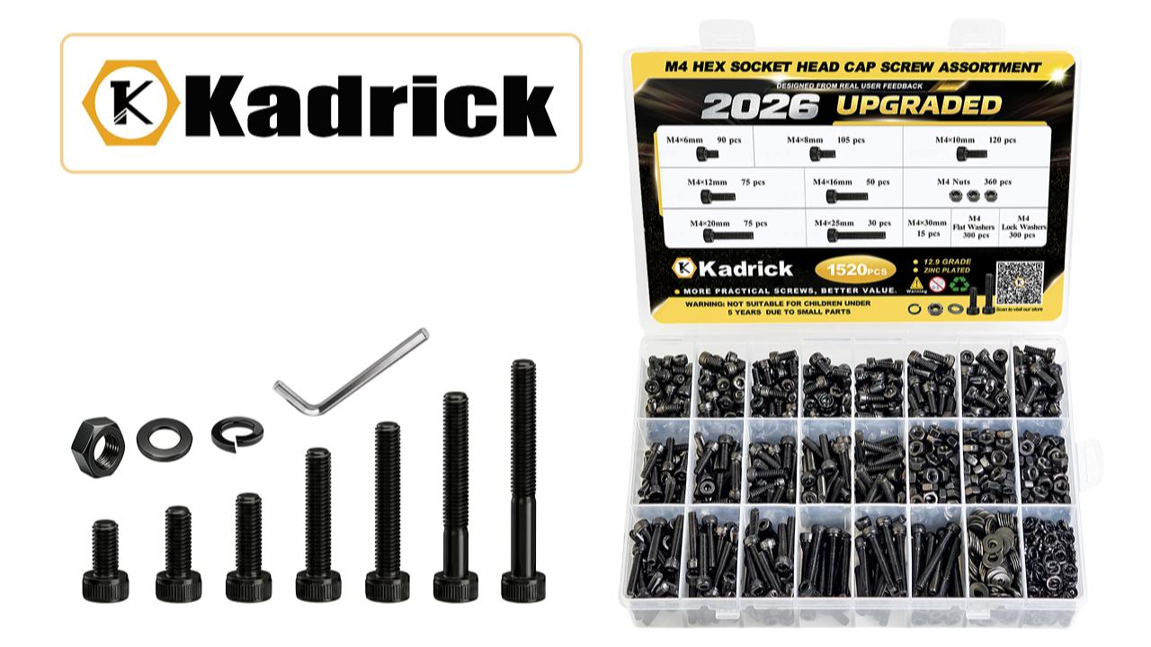 Image of Kadrick M4 Screws Kit 1520PCS, M4x6MM-25MM Bolts with Nuts,Washers & Hex Wrench, Optimized Size Distribution, Class 12.9 Socket Head Cap M4 Screws, Black Zinc Plated, for Mechanical, Repair & DIY