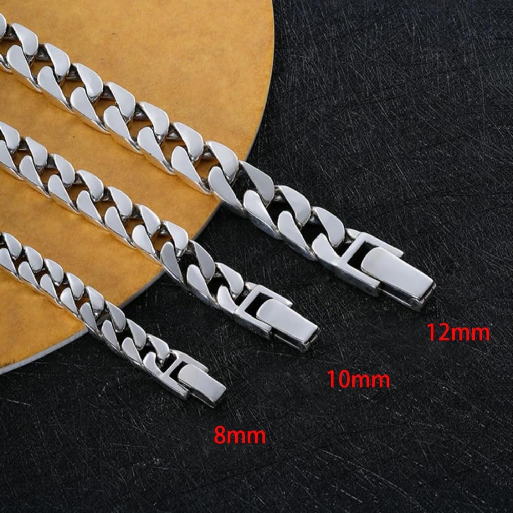 Pulsera de cadena de eslabones cubanos planos de plata de ley 925 para hombre, 8 mm, 10 mm, 12 mm, ancho 18 cm, 20 cm, 22 cm de largo