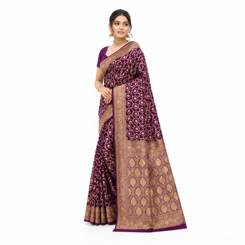 Women's Banarasi Silk Blend Saree with Rich Woven Zari Floral Design | Traditional Ethnic Saree with Contrast Green Border & Elegant Pallu | Wedding, Festive & Bridal Saree-picture-44