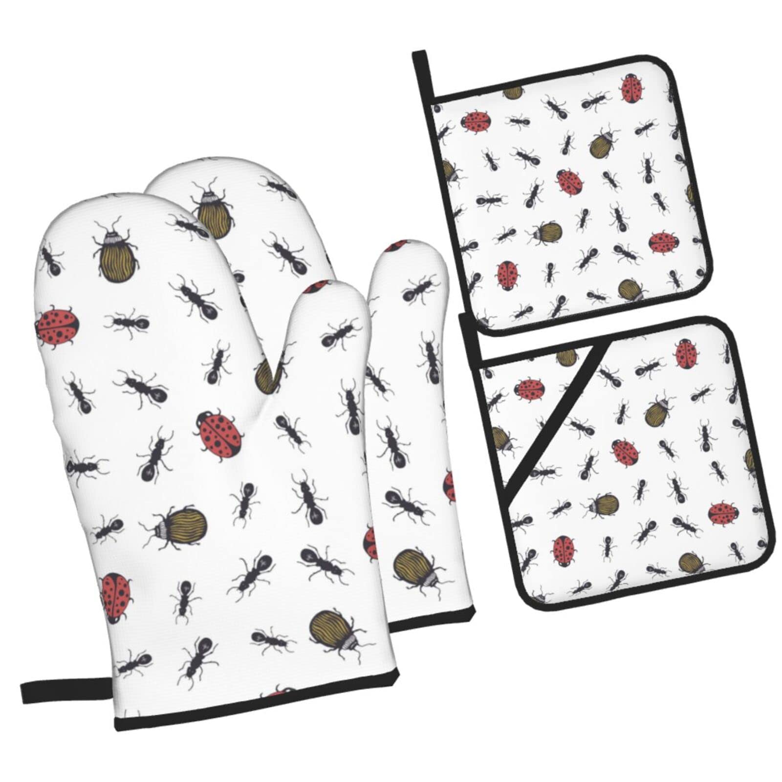 Insect Ant Ladybug Oven Mitts and Pot Holders Sets, Christmas Oven Mitt Kitchen Heat Resistant Non-Slip Pot Holders Set for Cooking Baking BBQ