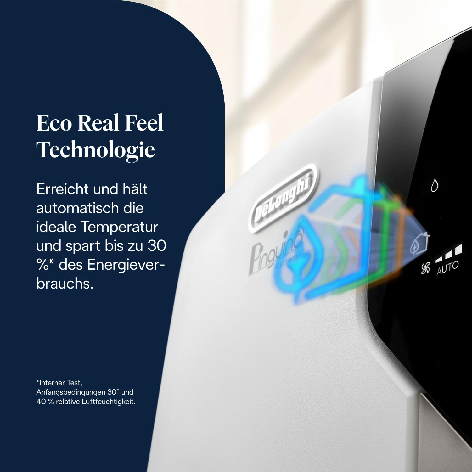 De'Longhi Pinguino Extreme - Mobiles Klimagerät, für Räume bis 33,5 m², mit Luftentfeuchter & Ventilator, 8900 BTU, Leiser Betrieb, Eco-Real-Feel, 24h-Timer, Energieeffizienzklasse A+ (PACEX93)