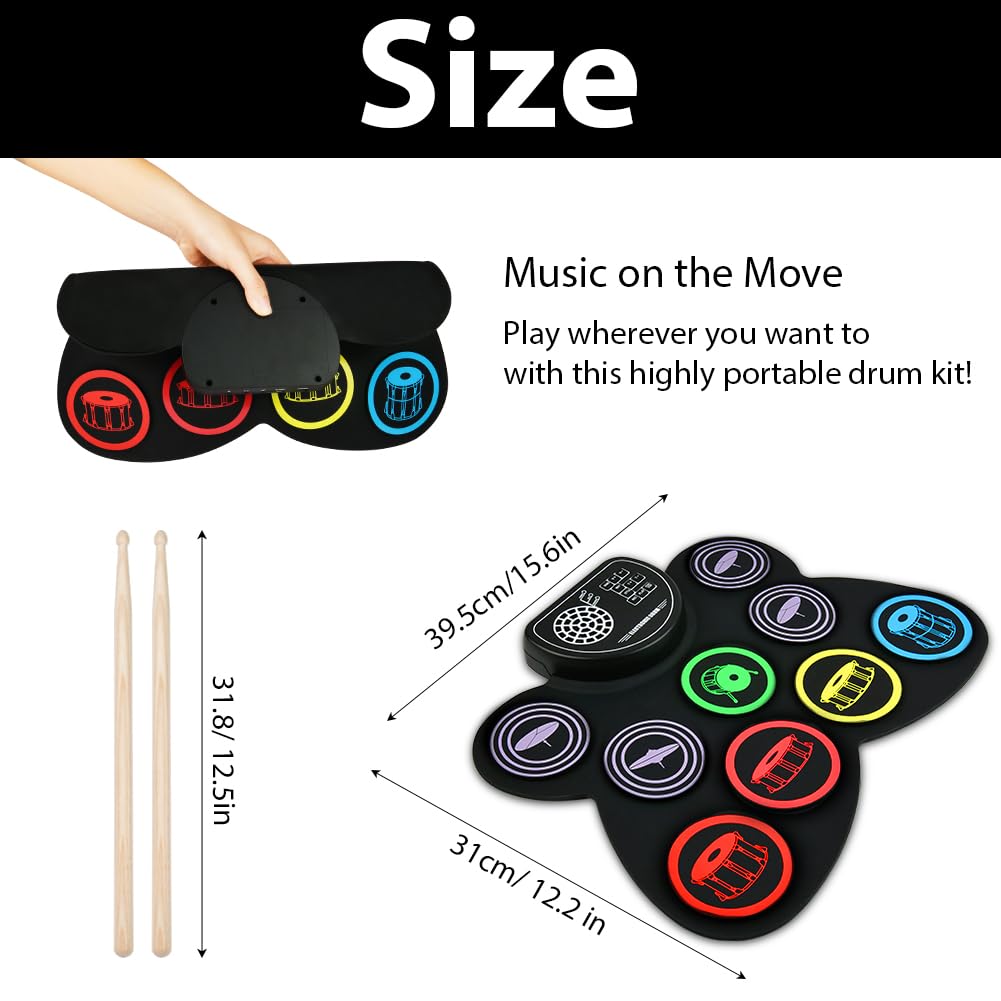 OFFCUP Batteria Elettronica Portatile 9 Pads Electronic Drum Kit con 2 Bacchette e Pedali Altoparlanti Stereo Pieghevole Roll Up Tamburo Digitale per Bambini Adulti Principianti