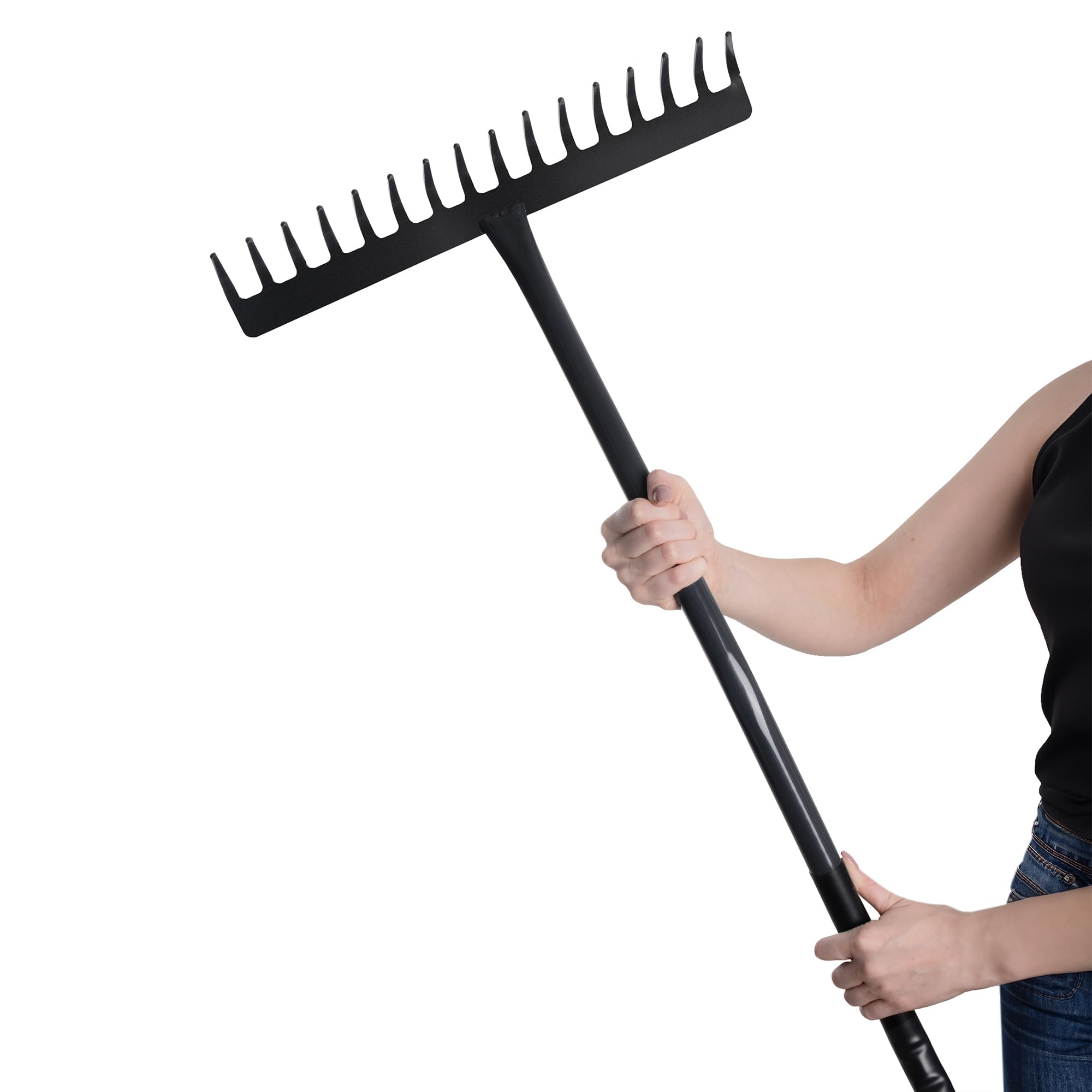 KADAX Rastrillo de jardín de metal, herramienta de jardín con cabeza de metal, rastrillo de césped para jardín, rastrillo plano para césped, rastrillo para rastrillar hojas con mango (negro y gris, 16
