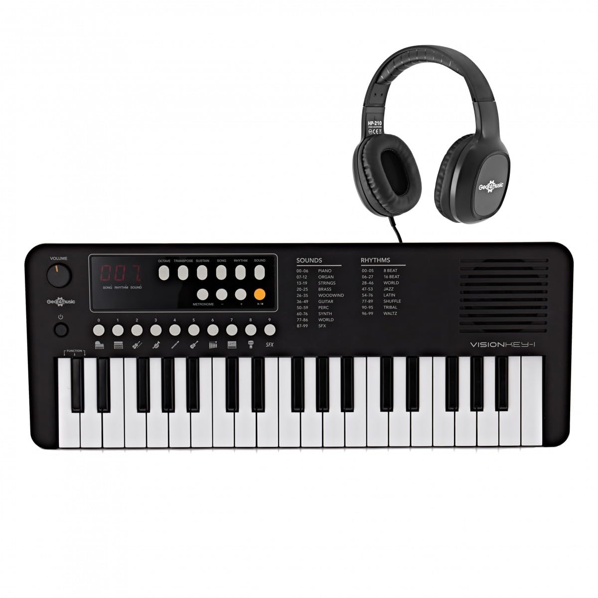 VISIONKEY-1 Mini Teclado Digital 37 Teclas para Niños y Principiantes | Piano Eléctrico de Mini Teclas con Auriculares, 3 Octavas, 100 Sonidos y Ritmos, USB-C o Pilas, Negro