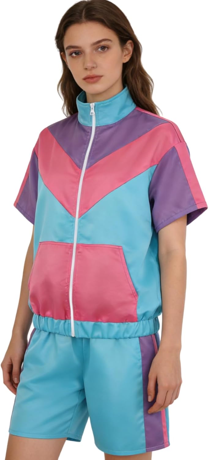 Womens 80s 90s Outfits Halloween Short Sleeve Jacket Shorts Tracksuits Retro Windbreaker Sets