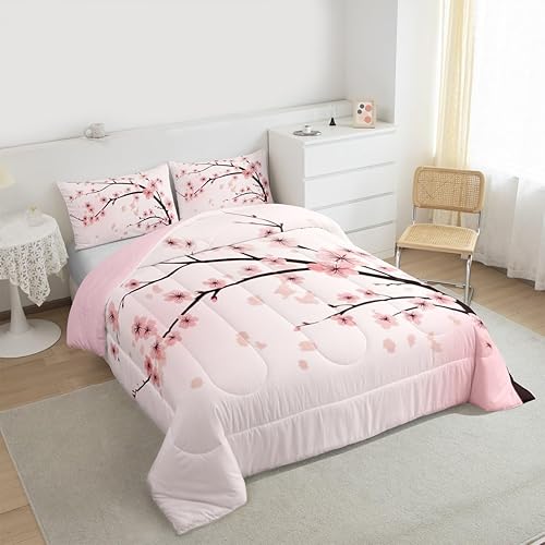 Miniatura 6 de Erosebridal Juego de ropa de cama con diseño de flores de cerezo, juego de edredón de flores de estilo japonés, tamaño individual para niños, niñas,
