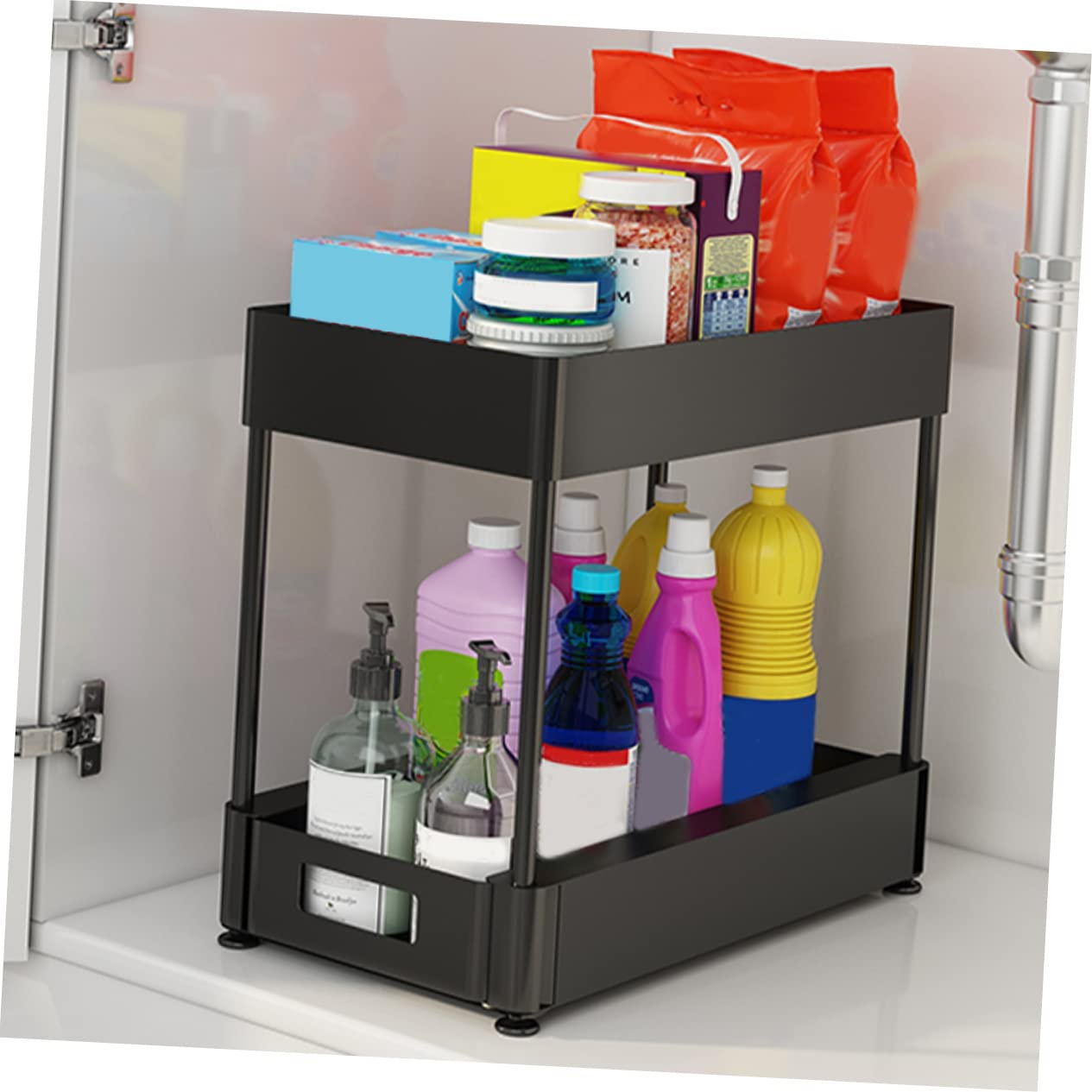 MAGICLULU Organizer Estraibile a 2 Livelli Sottolavello Nero | Acciaio al Carbonio Fondo Cavo Struttura Ventilata Plastica e Bordi Rialzati