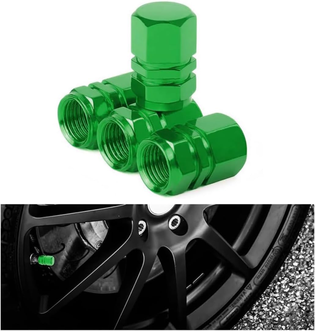 Osilly Car Tire Stem Valve Caps, 4 Pcs Aluminum Alloy Valve Stem Covers, Corrosion Resistant Leak-Proof Tire Cap Cover Accessories, Hexgon Style Wheel Air Valve Caps for SUV Car Bike (Green)