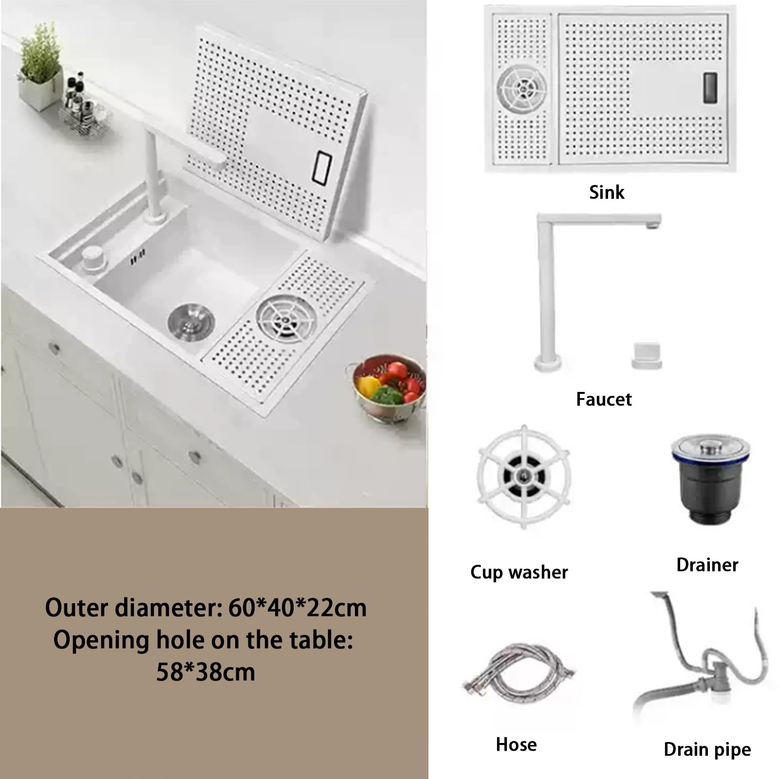 Grifo Plegable para Fregadero de Cocina Comercial – Sifón Oculto con lavavasos, Ideal para cafeterías, Bares, caravanas y lavabos sobre encimera (60 * 40 22 cm)