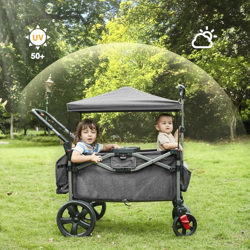 Image of EVER ADVANCED Foldable Wagons for Two Kids & Cargo, Collapsible Folding Wagon Stroller with Adjustable Handle Bar,Removable Canopy with 5-Point Harness,Black