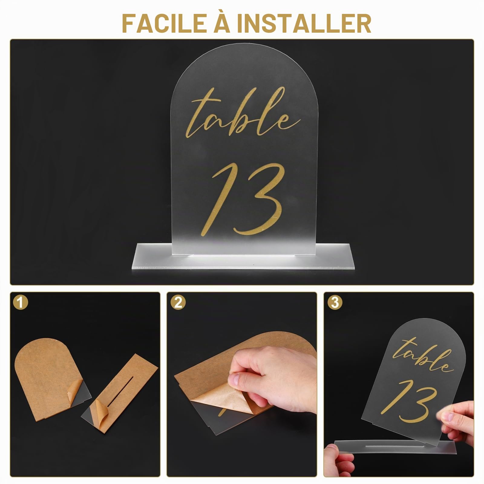 PATIKIL Numéros de Table Mariage 1-10, 15x10cm Support Plaque de Numéro de Table Acryliques pour Marque Place Mariage Fête Anniversaire Réceptions Événements, Fond Spéculaire Texte Doré