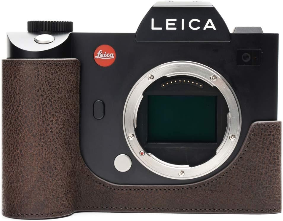 Leica SL Camera Case, Handmade Genuine Real Leather Half Camera Case Bag Cover for Leica SL Camera Bottom Opening Version + Hand Strap (Coffee)