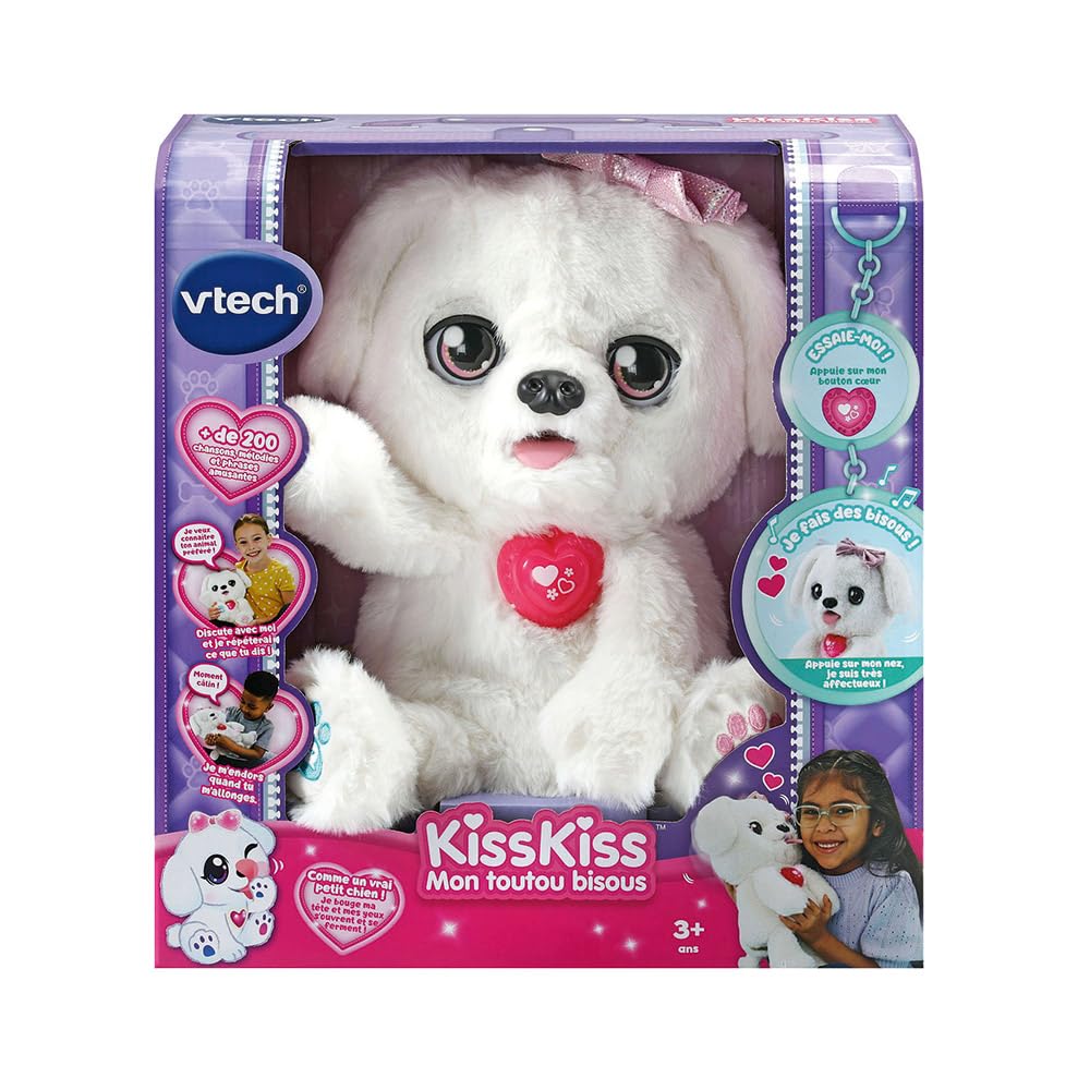 VTech - KissKiss, Mon Toutou Bisous, Peluche Interactive, Tête et Visage Animés, Compagnon Câlin Électronique, Animal à Fonctions, Jouet Chien Interactif, Cadeau Enfant Dès 3 Ans - Contenu en Français