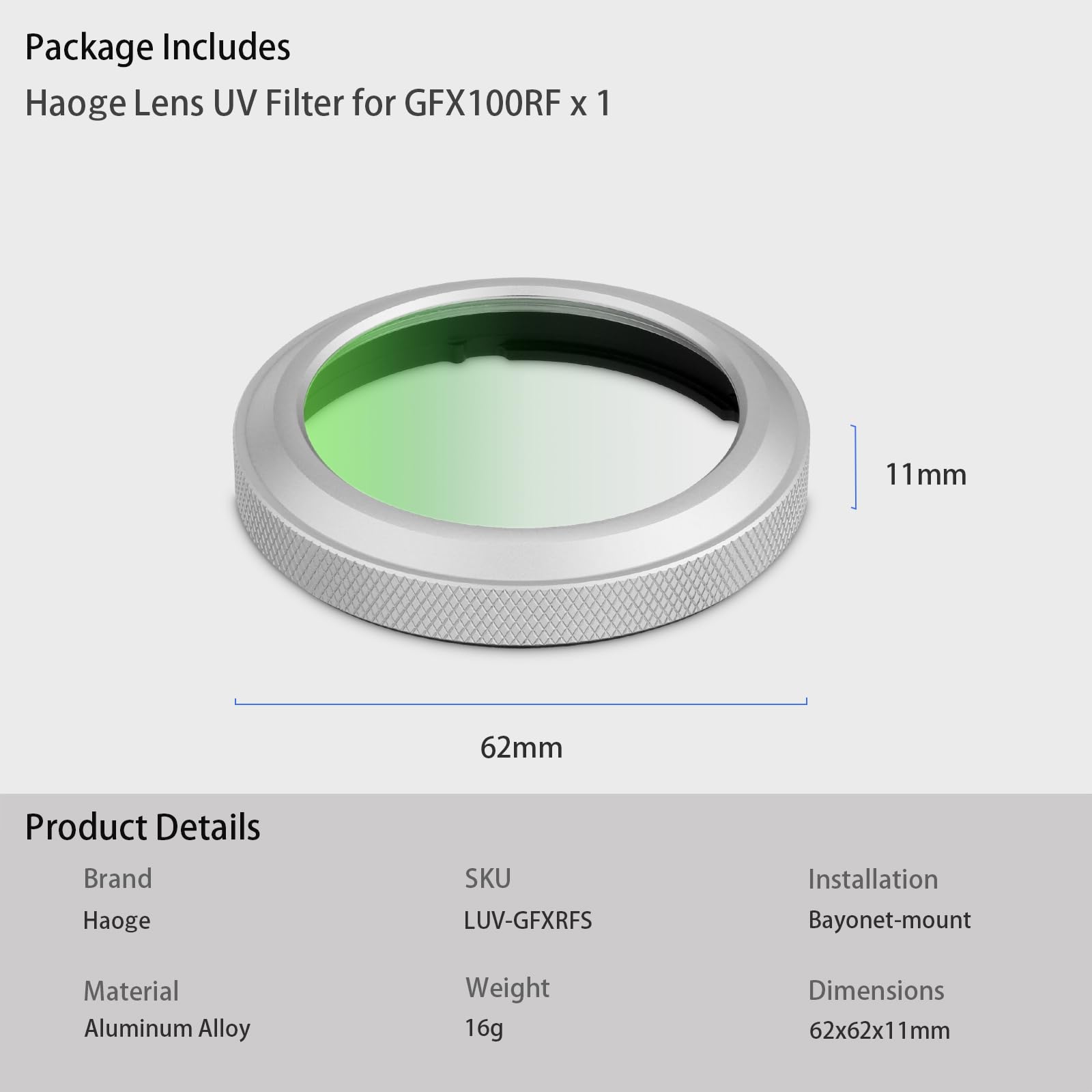 Haoge MC UV GFX100RF Filtro de protección de lente de cámara para Fujifilm GFX100RF accesorio de cámara lente bayoneta anillo protector LUV-GFXRFS SilverMulti impermeable nano recubierto de vidrio