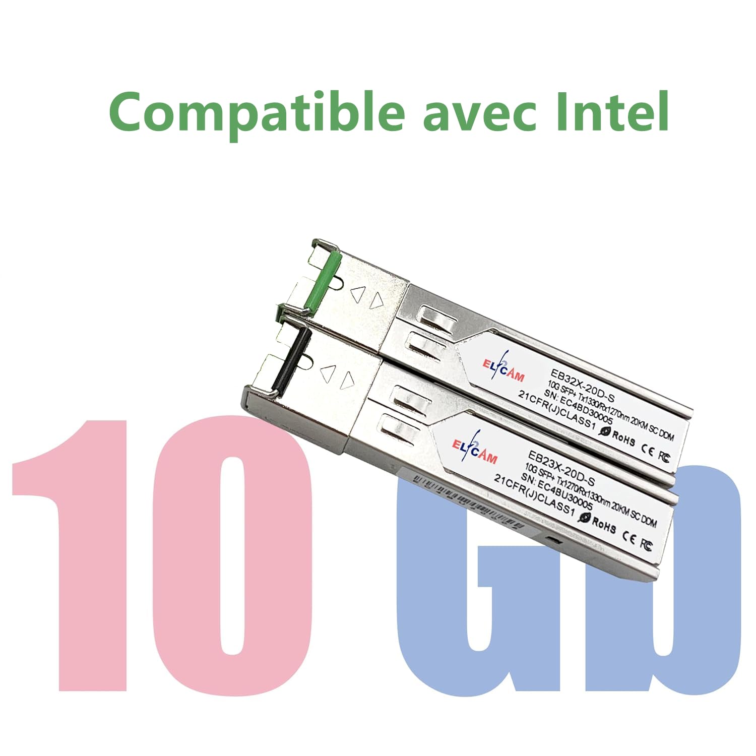 Elfcam® - 1 Paire 10Gbps SFP+ BiDi Module de Transceiver à Fibre Optique 1270nm/1330nm, avec la Fibre Port SC Simplex Monomode, Compatible avec Intel,DDM 20km