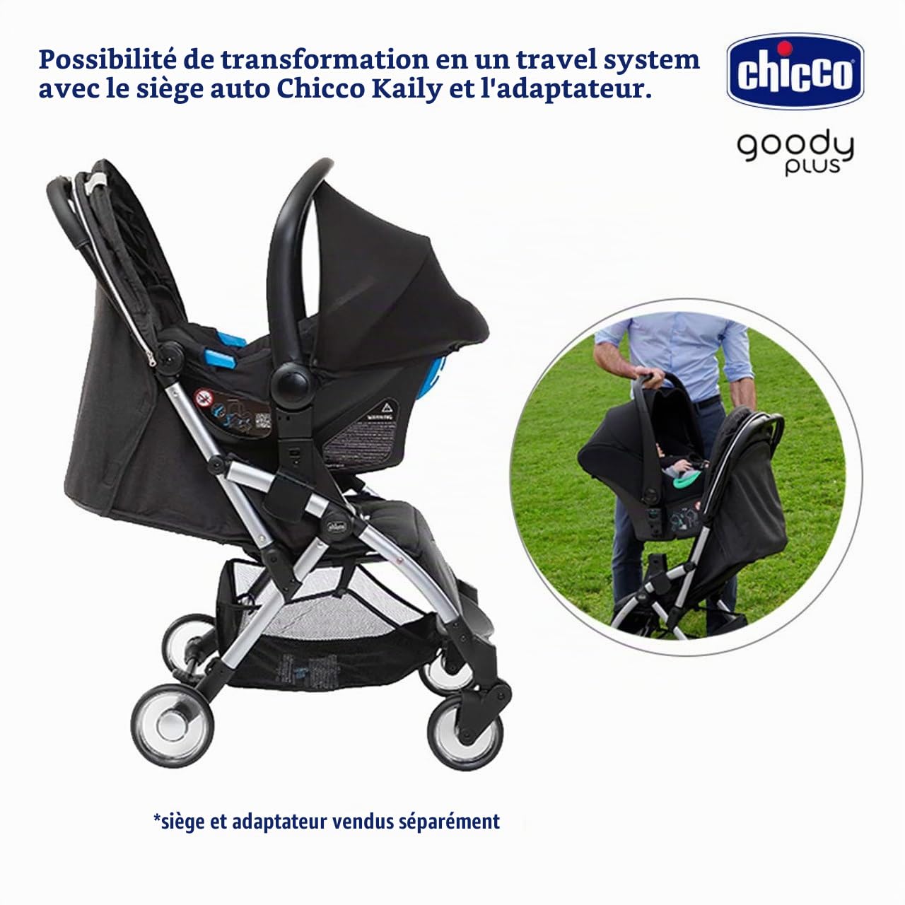 Chicco, Goody Plus Graphite, Poussette 0 Mois-4 Ans, avec Fermeture Automatique et Compacte, Capote Extensible avec Traitement UV50+ Anti-Pluie, Dossier Inclinable et Réglable en 3 Positions