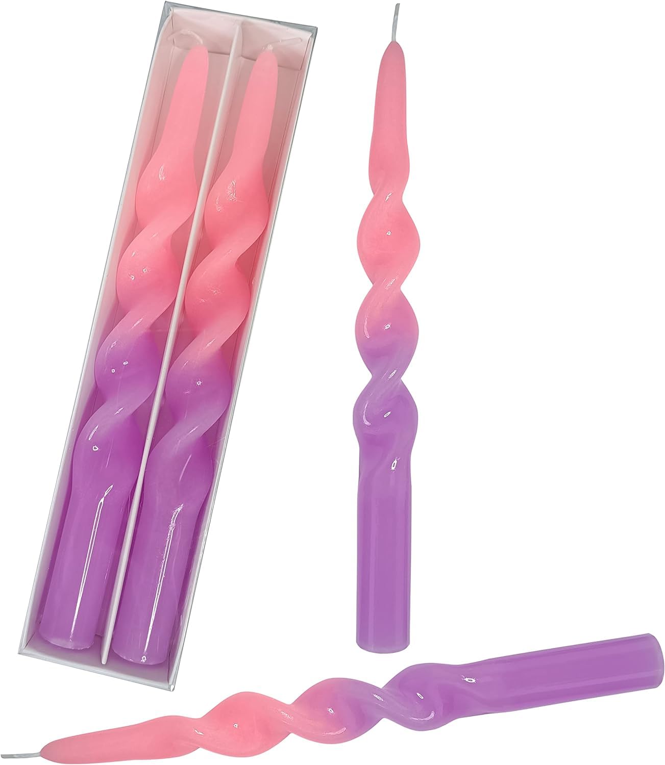 7.3 Inch Spiral Gradient Taper Candles, 8+ Hours Burn Time, Unscented, Smokeless and Dripless Swirl Long Candles for Wedding Dinner Home Decor Holiday Women Gifts, Pack of 2 (Pink Purple)