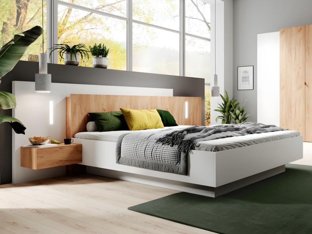 Vente-unique - Lit avec chevets 160 x 200 cm - 2 tiroirs - avec LEDs - Coloris : Blanc et Naturel + Sommier - FRANCOLI