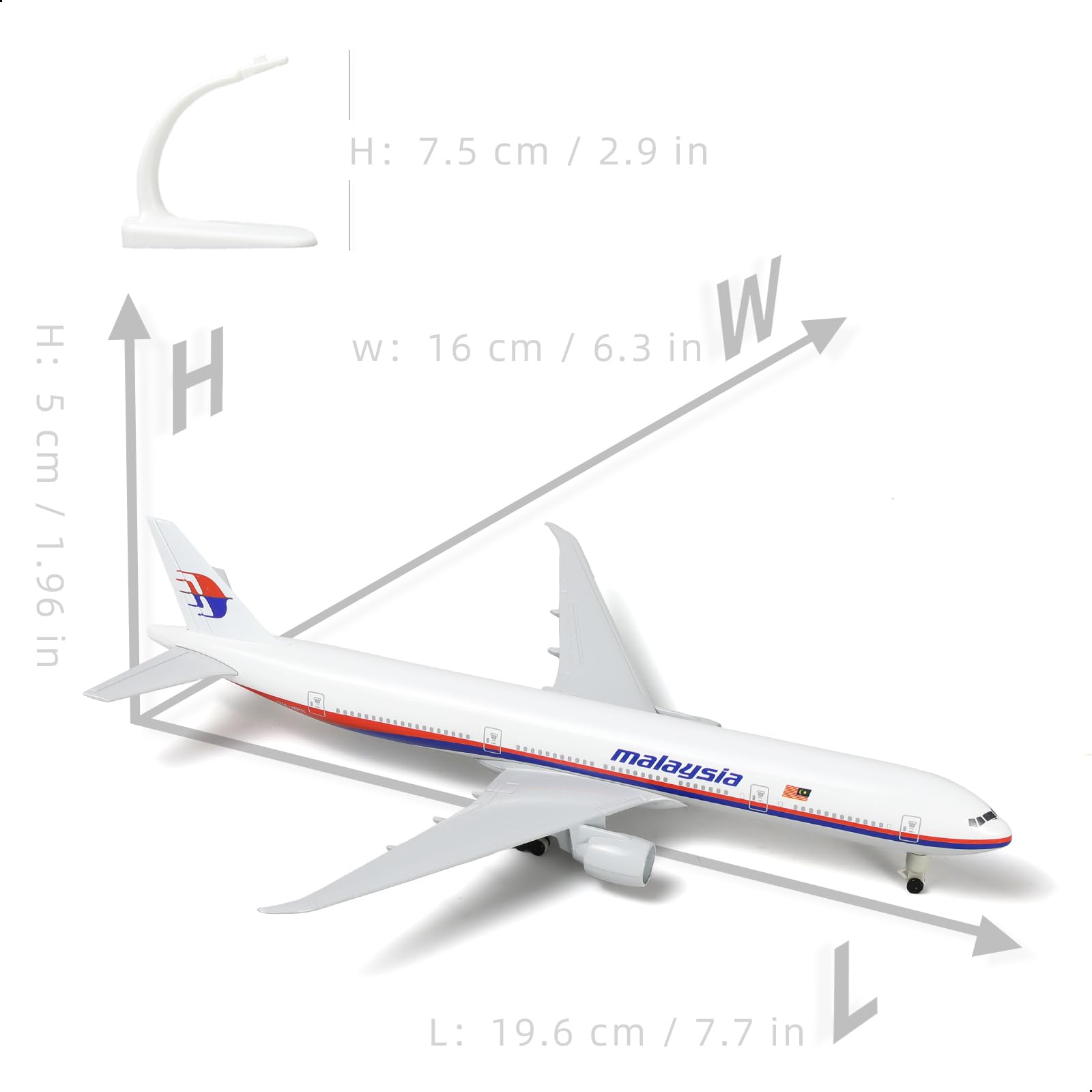 QIYUMOKE 1/300 boeing777 Malaysia Diecast Metal Airplane Model with Stand -777 Airplane Model for Adult with Stand (8.3 inches Long) Aviation Enthusiasts Gifts - Image 3