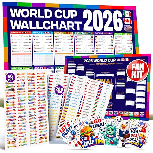 World Cup Wall Chart 2026 Interactive Kit (USA Edition) A1 Soccer Tournament Wall Planner 288 Team Progression Stickers 96 Match Action Stickers Tournament Tracker & USA Sticker