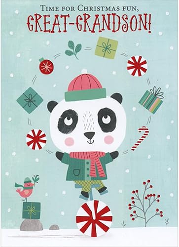 Miniatura 1 de Designer Greetings Lindo oso panda malabares con dulces y regalos en monociclo de menta tarjeta de Navidad juvenil para bisnieto