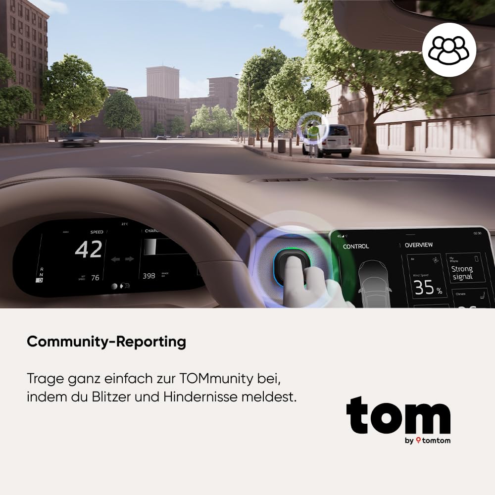 TomTom Verkehrsalarm Blitzerwarner für Auto – Warnt vor festen & mobilen Blitzern, Staus | Ohne ABO | CarPlay & Android Auto | Made in Europe | Tom by TT Premium Pack