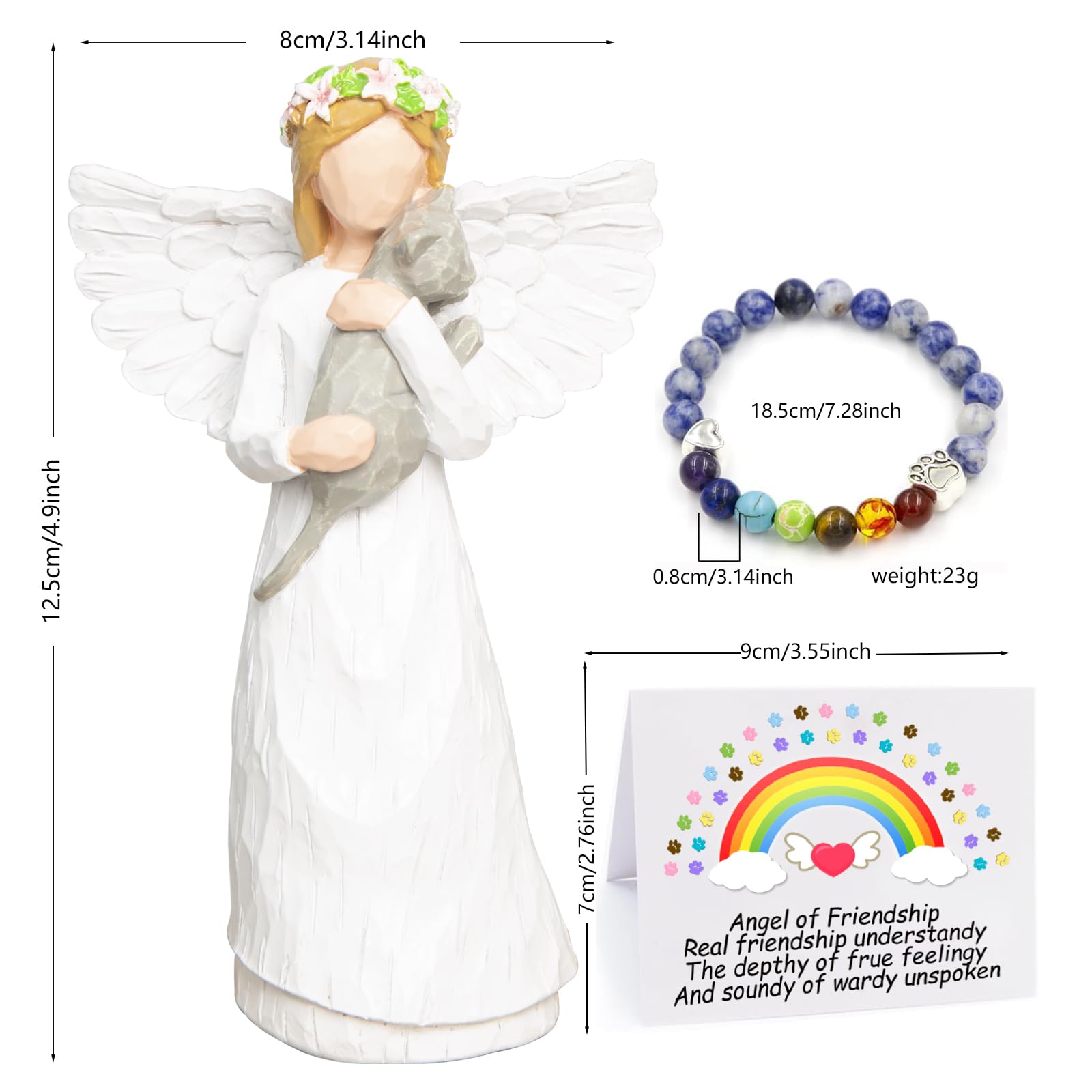 AIIQGEEK Cat Memorial Gifts, Cat Bereavement Gifts, Loss of Cat Sympathy Gifts for Cat Mom, Pet Cat Remembrance Gifts,Cat Death Gifts Angel Figurine with 7 Chakra Pet Memorial Rainbow Bridge Bracelet